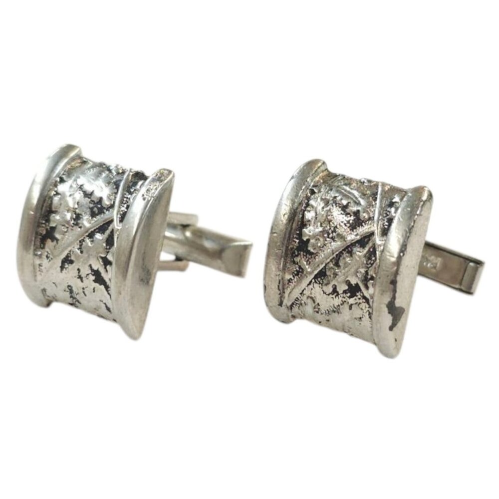 Embossed Ivy Pattern Cufflinks Vintage Pewter Silver Tone MCM Jewelry Two Tone - Picture 2 of 11